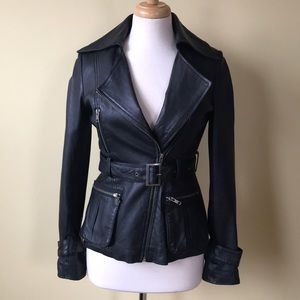 Belted Black Leather Moto Jacket Medium